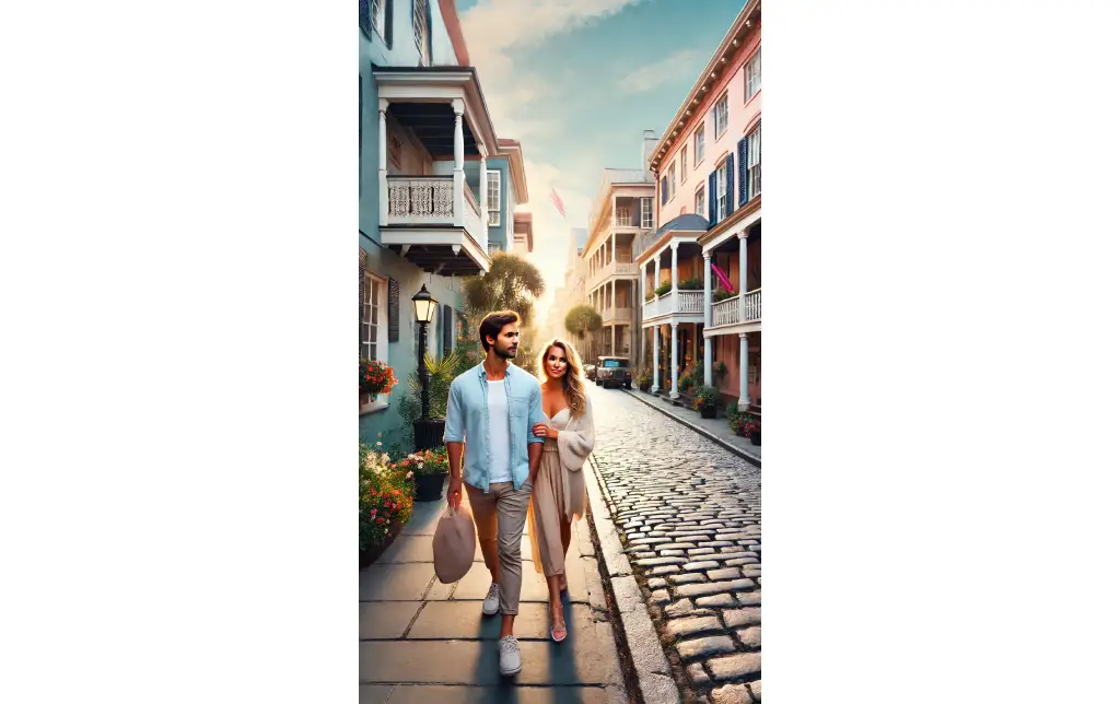 A couple strolling down a cobblestone street in Charleston, with colorful historic homes and a peaceful, romantic atmosphere.