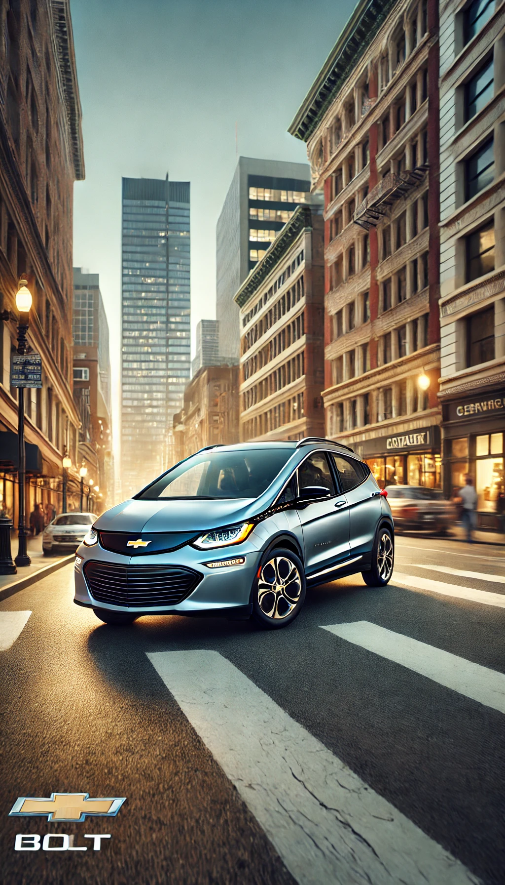 A Chevrolet Bolt EV parked on a bustling city street, with buildings in the background, emphasizing its compact and urban-friendly design.