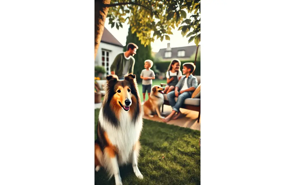 A Collie sitting with a family in a backyard, looking watchful and loyal, with kids playing nearby and a serene family setting.