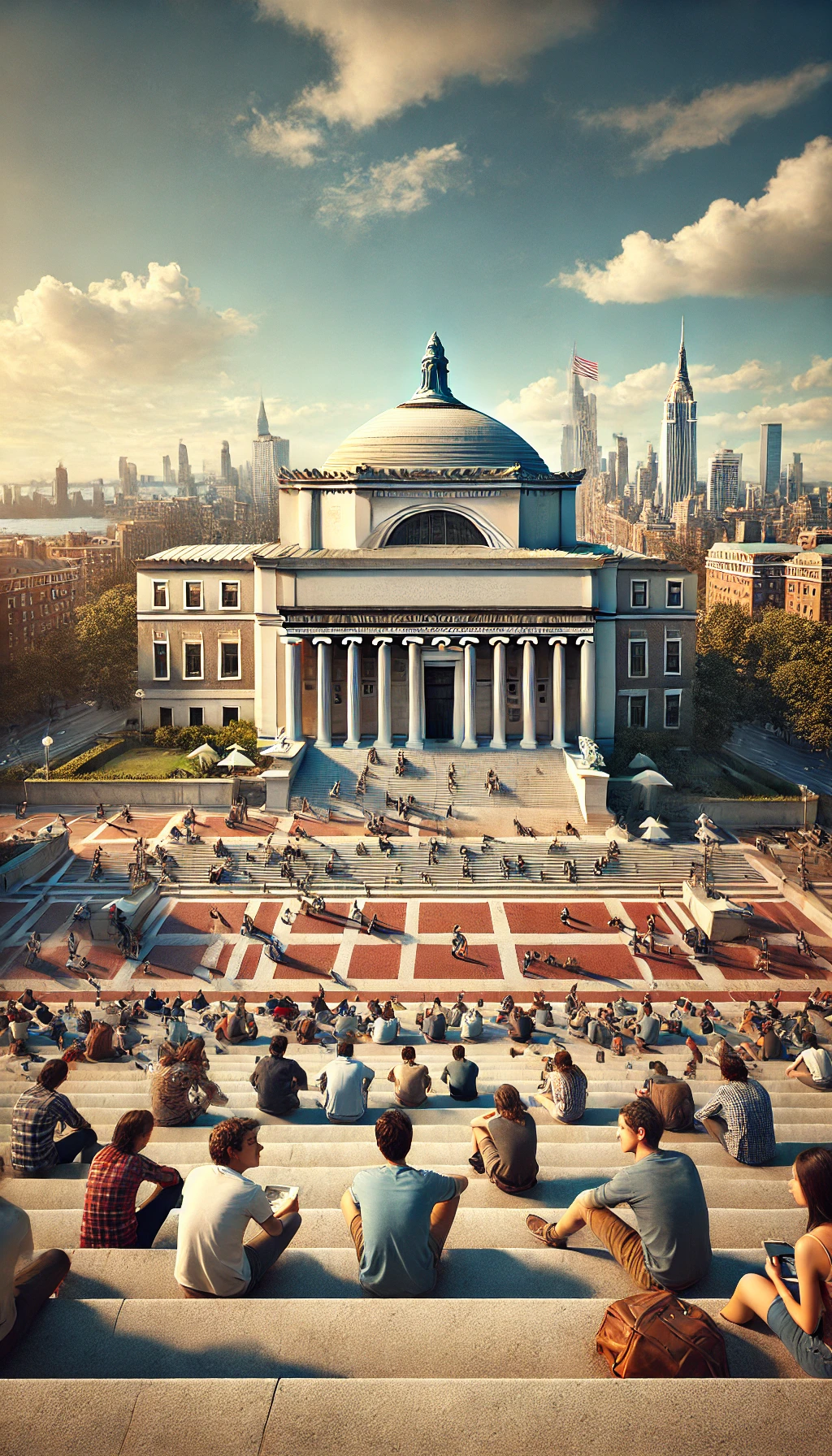 Columbia’s Low Memorial Library surrounded by students sitting on the steps, with New York City’s skyline visible in the background.