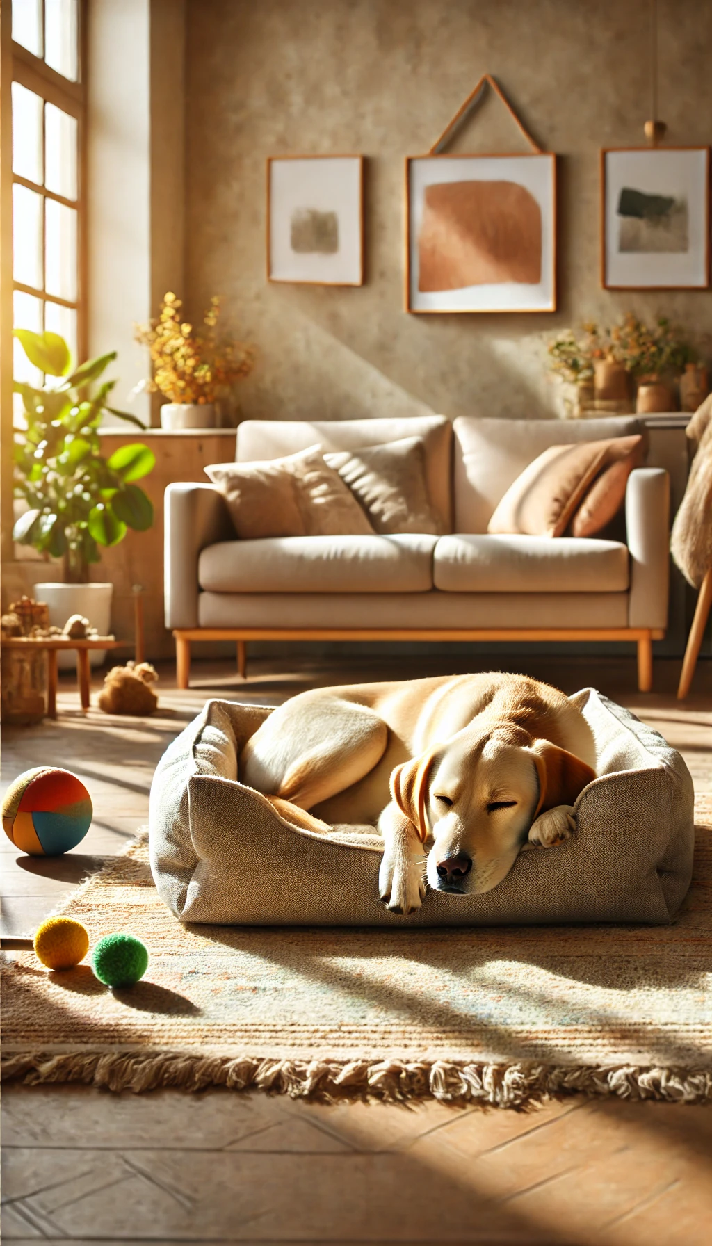 A cozy pet bed in a sunny corner of a living room, with a relaxed dog sleeping soundly and a few toys scattered nearby.