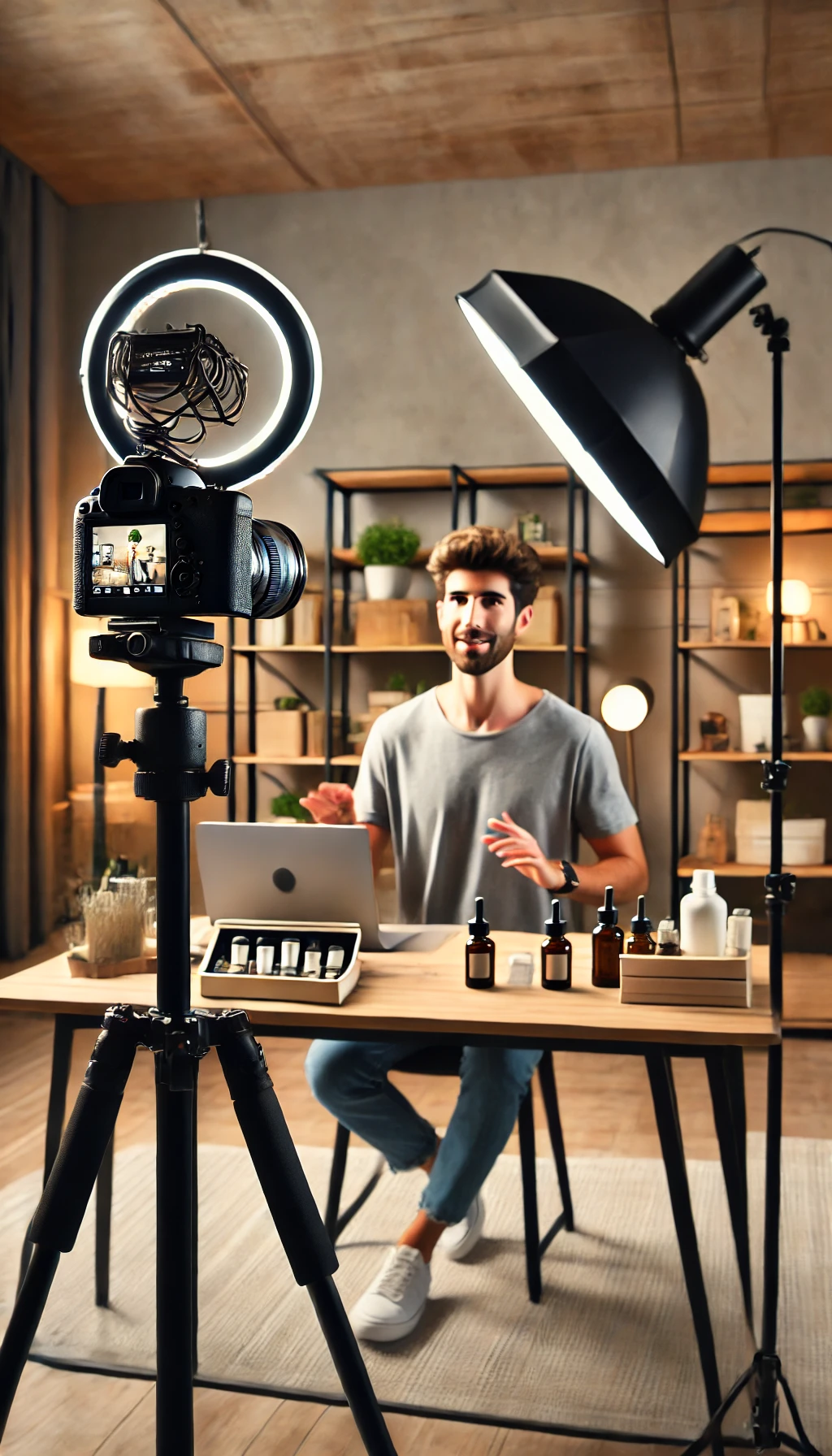 A content creator recording a video in a stylish home setup, with professional lighting, a camera on a tripod, and products displayed in the background.