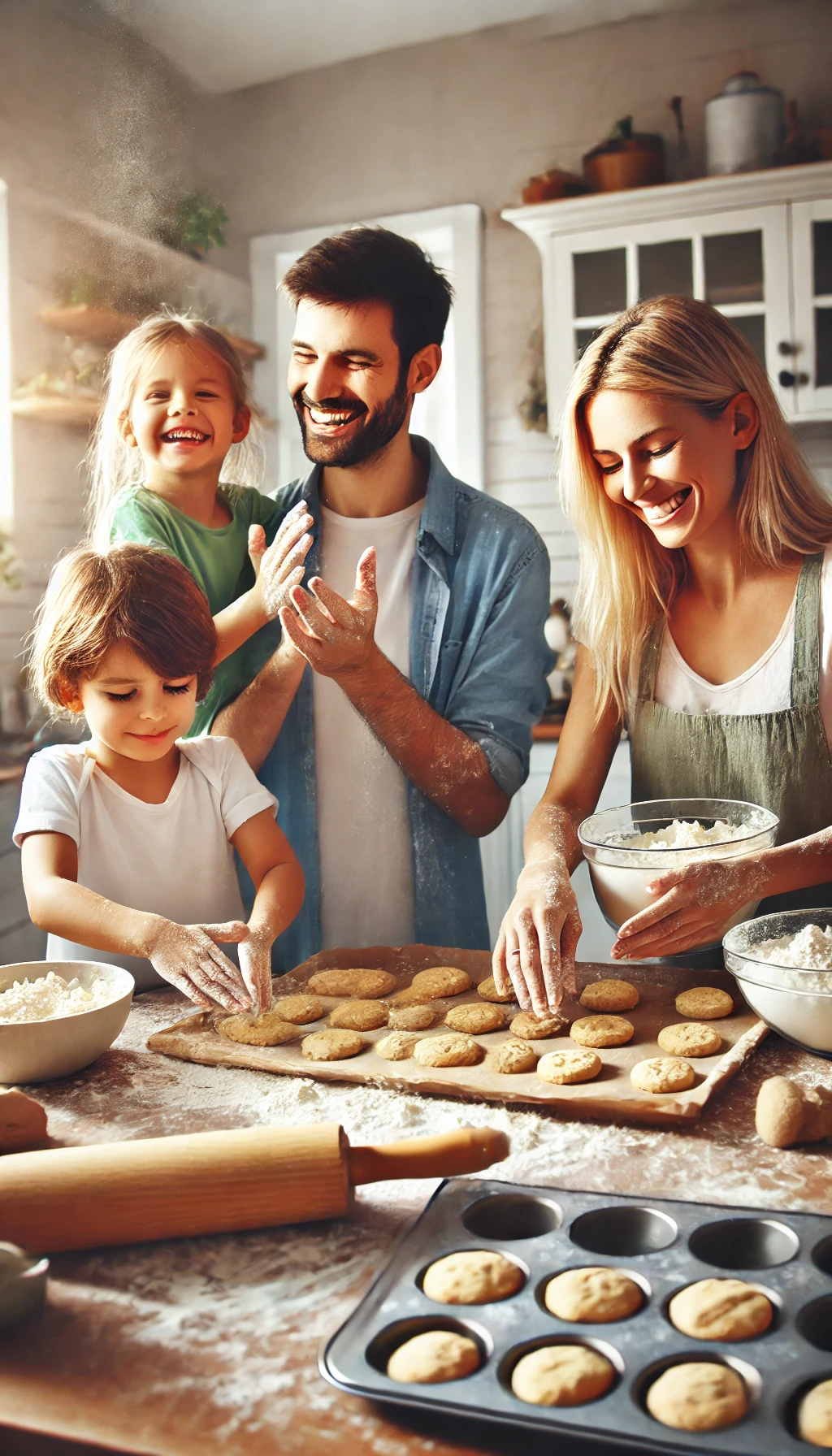 Parents and children baking cookies together in a kitchen, with flour on their hands and happy, messy smiles as they work together.