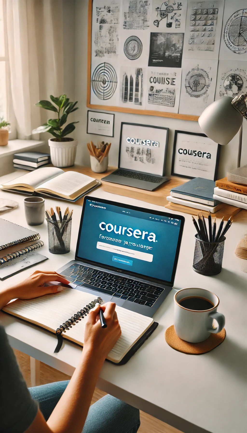 A laptop screen displaying Coursera’s homepage, with a learner sitting at a desk with notebooks, coffee, and a well-organized workspace.