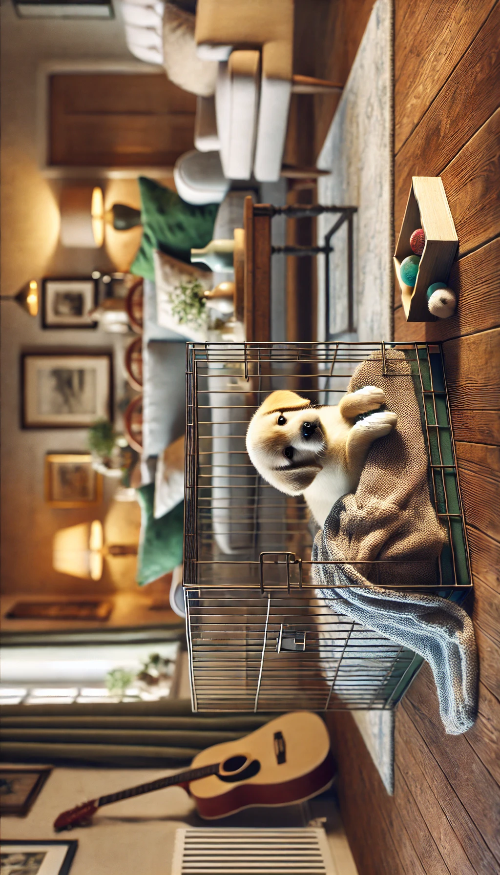 A puppy lying comfortably inside an open crate with a soft blanket and toys, in a cozy living room with warm lighting.