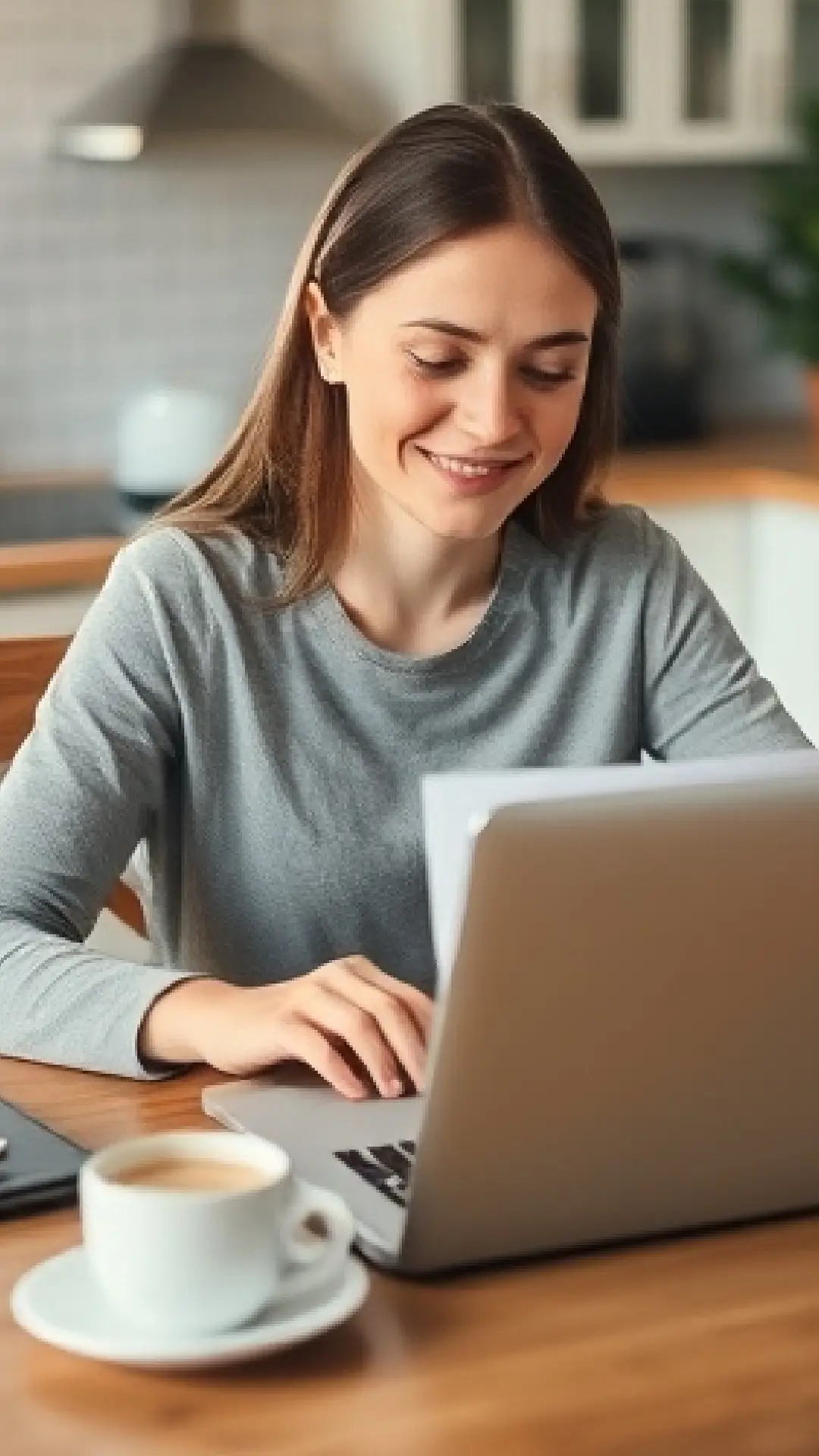 A person sitting at a kitchen table with a laptop and coffee, working on a budget spreadsheet with a relaxed, focused expression.