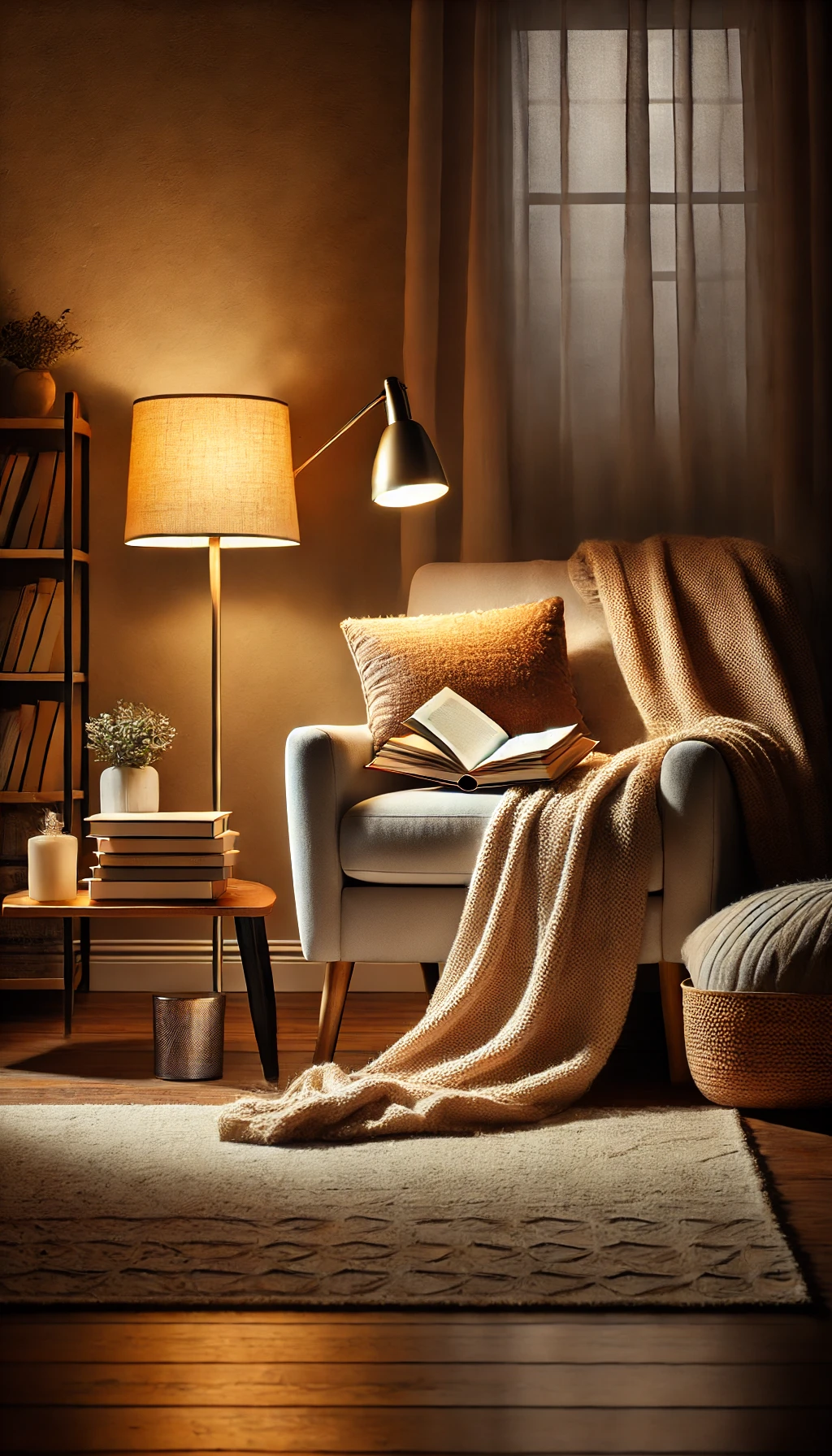 A cozy reading nook in a living room with a comfy armchair, a soft throw blanket, and a reading lamp, creating a warm and inviting space.