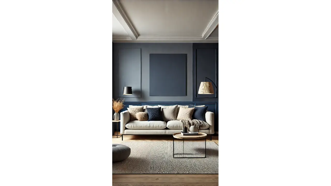 A living room with a bold navy blue accent wall behind a neutral-colored sofa, creating a striking and stylish focal point.