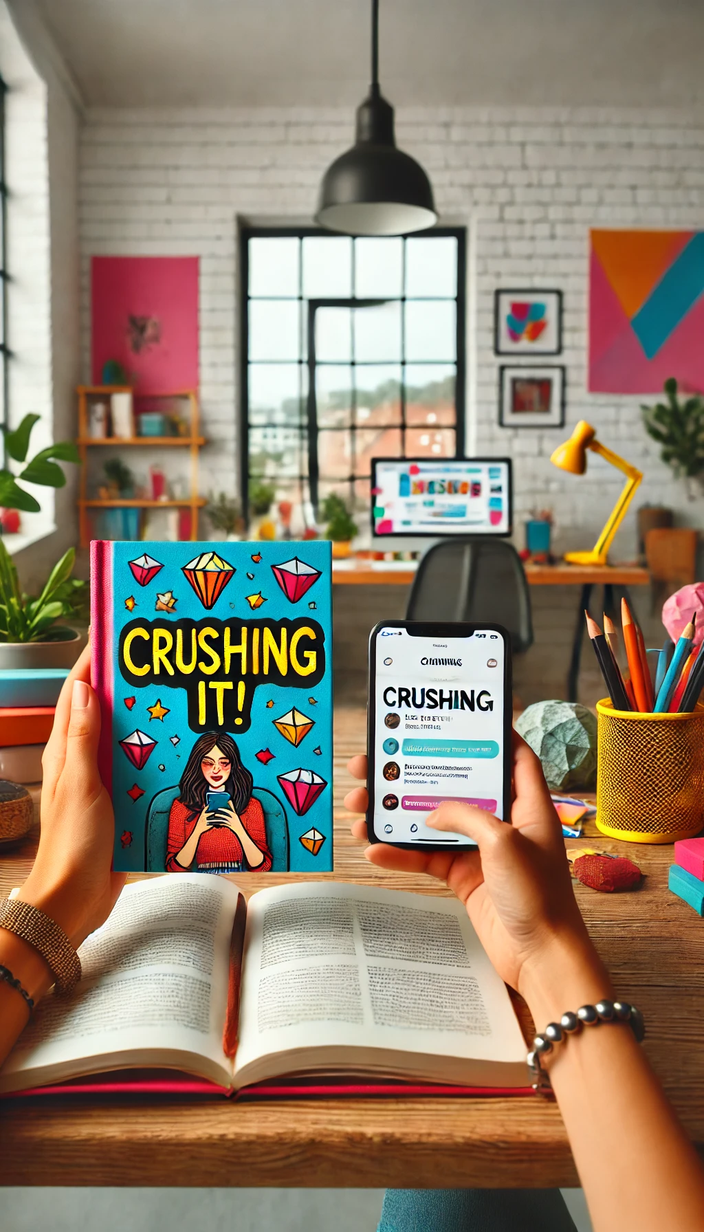 A reader with Crushing It! in hand, scrolling through social media on a smartphone, with a creative workspace in the background.