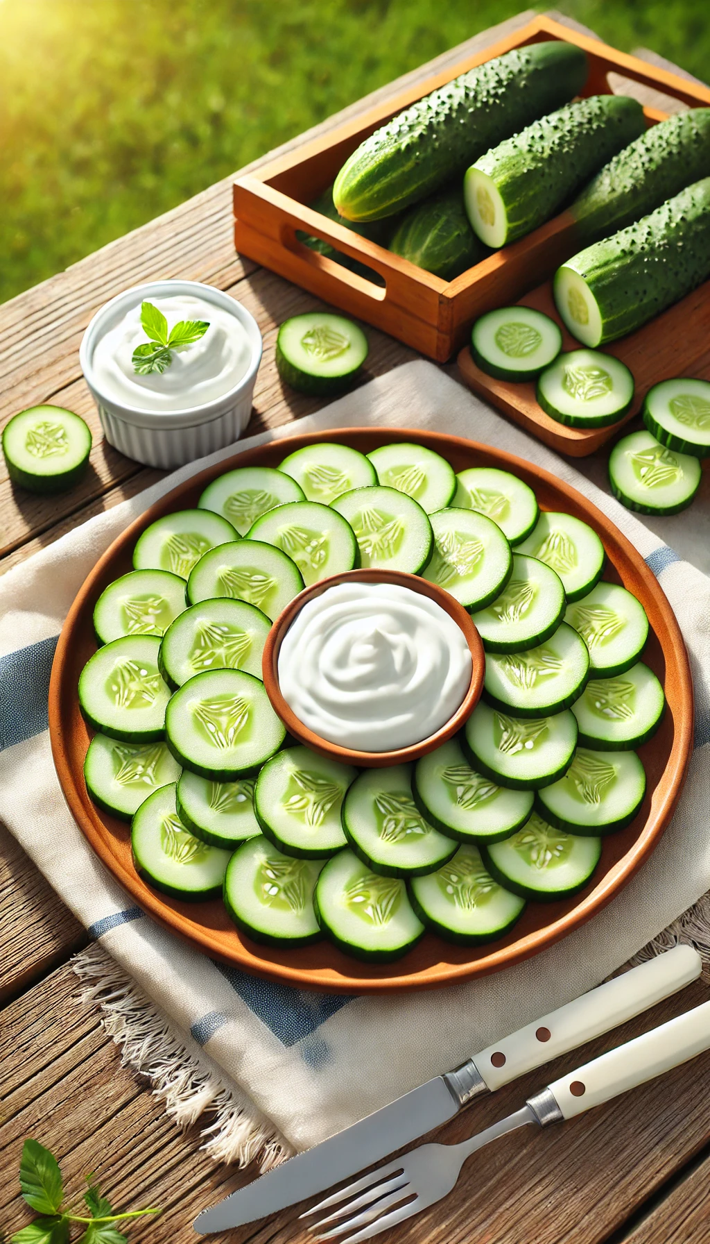 A plate of freshly sliced cucumbers arranged in a circular pattern, served with a side of creamy yogurt dip on a summer picnic table.