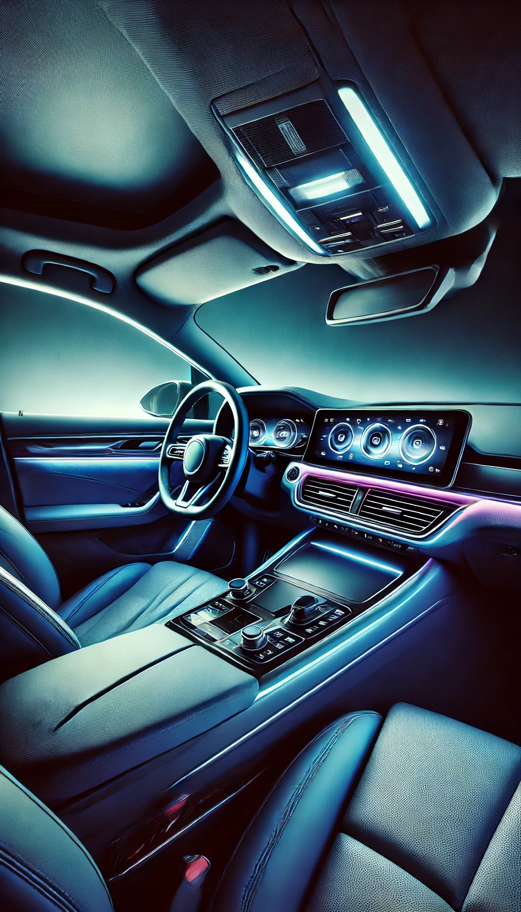 A luxury car interior illuminated by soft blue and purple ambient lighting, highlighting the sleek dashboard and premium materials.