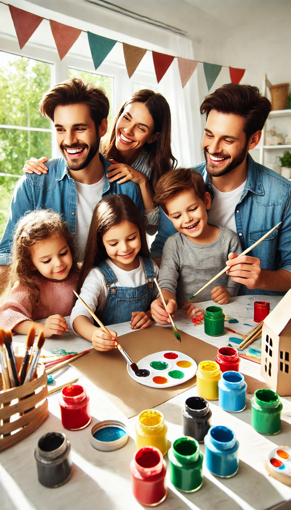 A family gathered around a table with paint, brushes, and craft supplies, smiling as they work on a project together in a bright room.