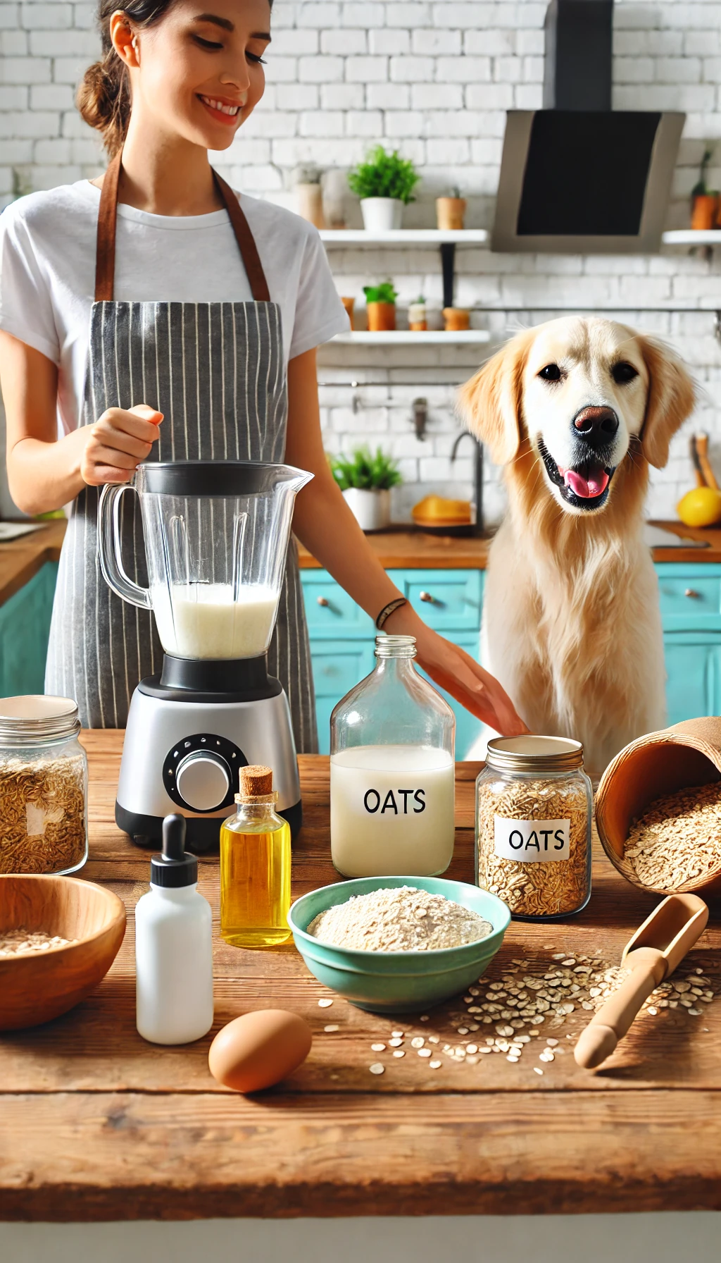 A person preparing homemade pet shampoo in a brightly lit kitchen, with natural ingredients like oats, a blender, and a cheerful dog nearby.