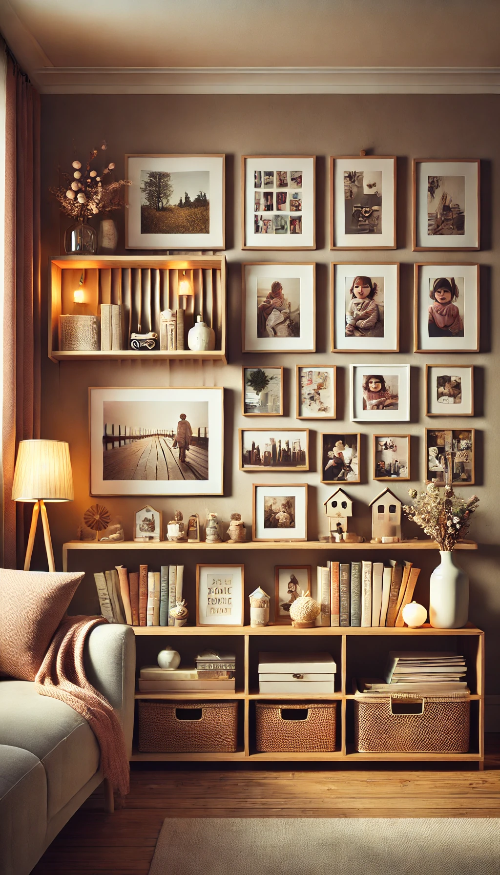 A living room shelf filled with family photos, books, and small personal items, adding warmth and personality to the space.