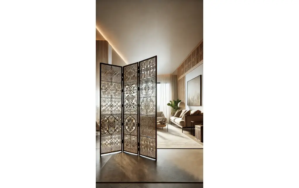 A folding screen room divider with an intricate design, placed in a spacious living area to create separation while adding visual appeal.