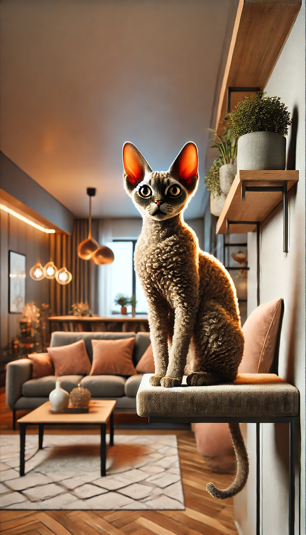 A playful Devon Rex perched on a cat shelf in a trendy apartment, its large ears and curious expression highlighting its quirky charm.