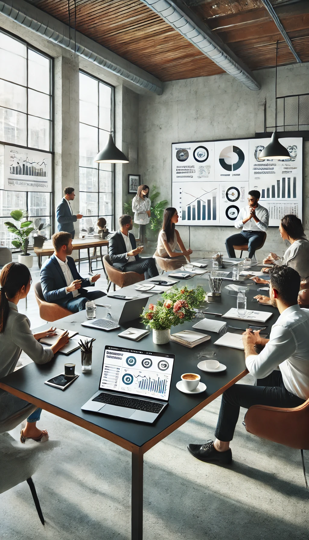 A team brainstorming digital marketing strategies in a modern office, with a laptop displaying analytics and marketing dashboards on a central table.