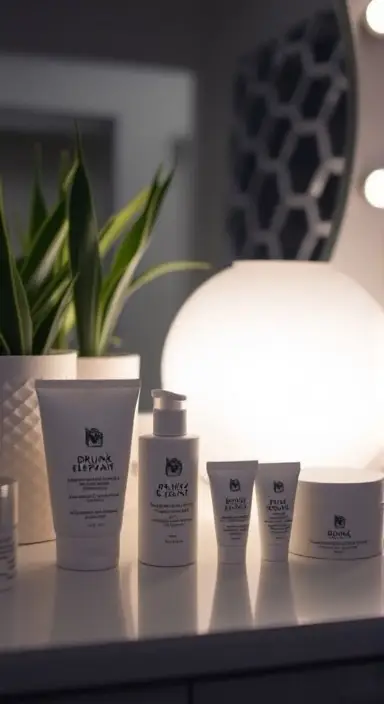 A vanity setup featuring Drunk Elephant products, neatly arranged with a mirror, plant decor, and a glowing diffuser in the background.