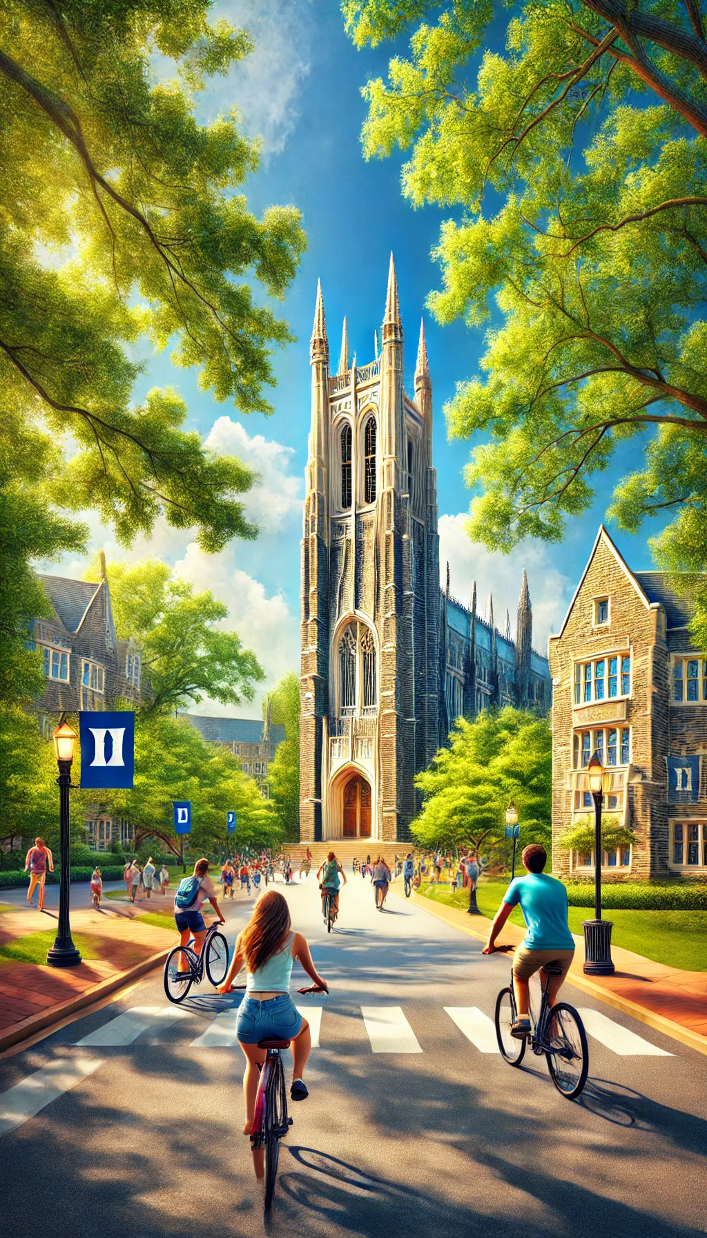 Duke Chapel towering over the campus, with students biking or walking along tree-lined pathways on a sunny day.