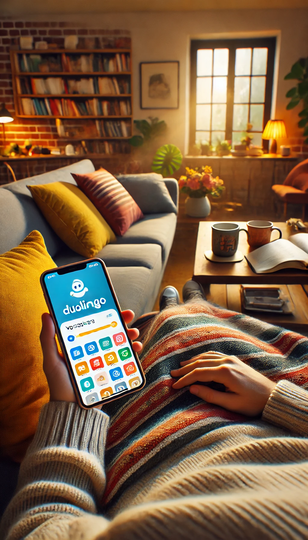 A smartphone screen displaying Duolingo’s colorful interface, with a learner practicing vocabulary while lounging on a couch.