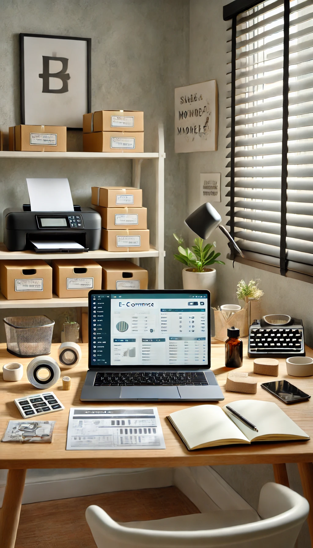 A laptop screen displaying an e-commerce dashboard with a small workspace setup, including product samples, packaging materials, and a shipping label printer.