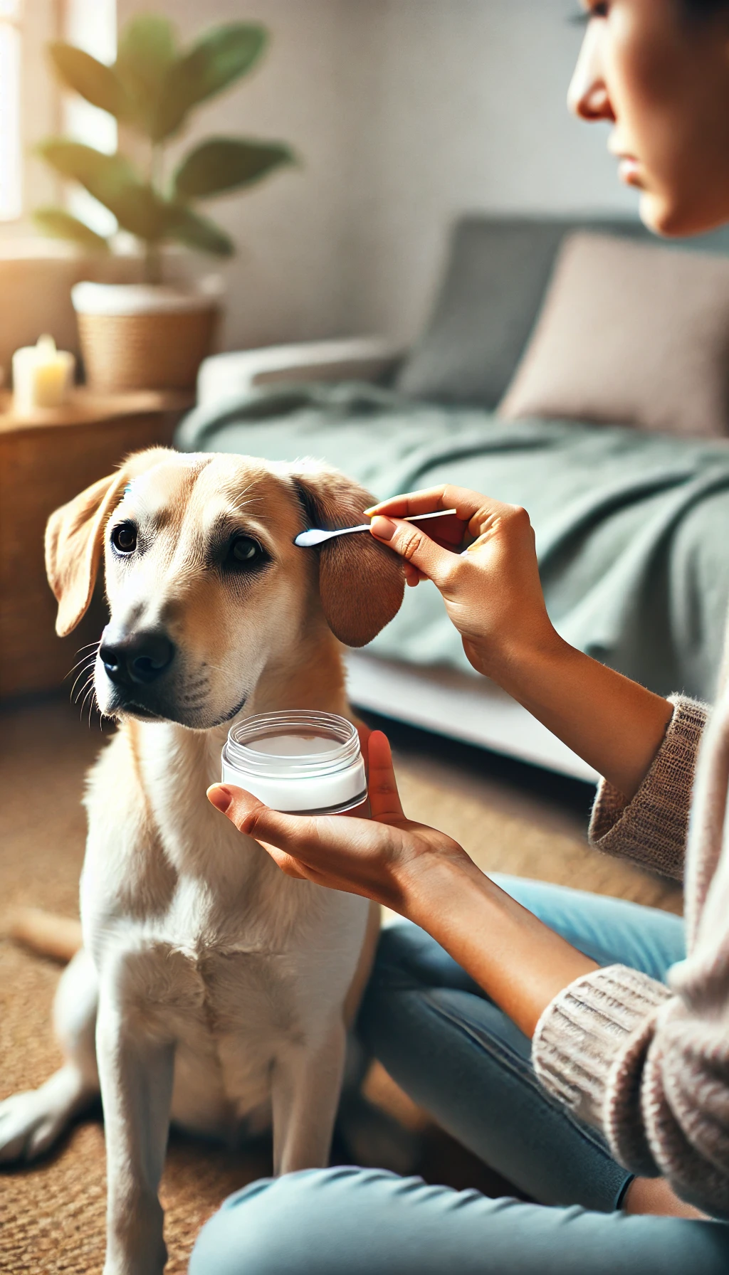 A person gently cleaning their dog’s ears with a cotton pad and ear solution, set in a calm and pet-friendly home environment.