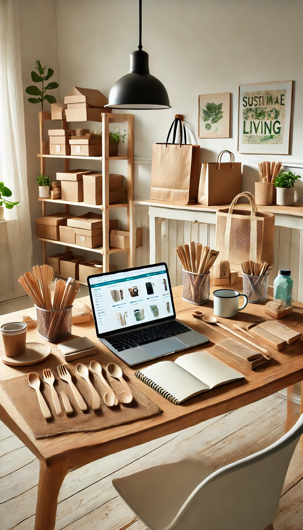 A workspace filled with eco-friendly product samples like bamboo utensils, reusable bags, and compostable packaging, with a laptop displaying an online store.