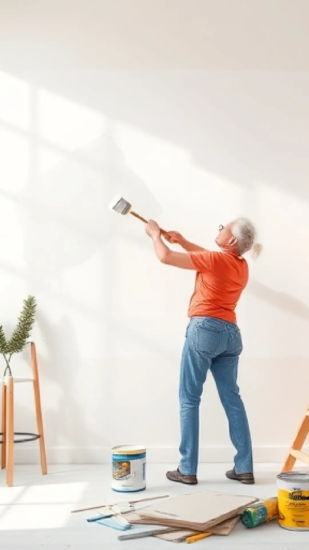 A person painting a wall in a bright, minimalist room, surrounded by tools and paint supplies, with a happy and productive vibe.