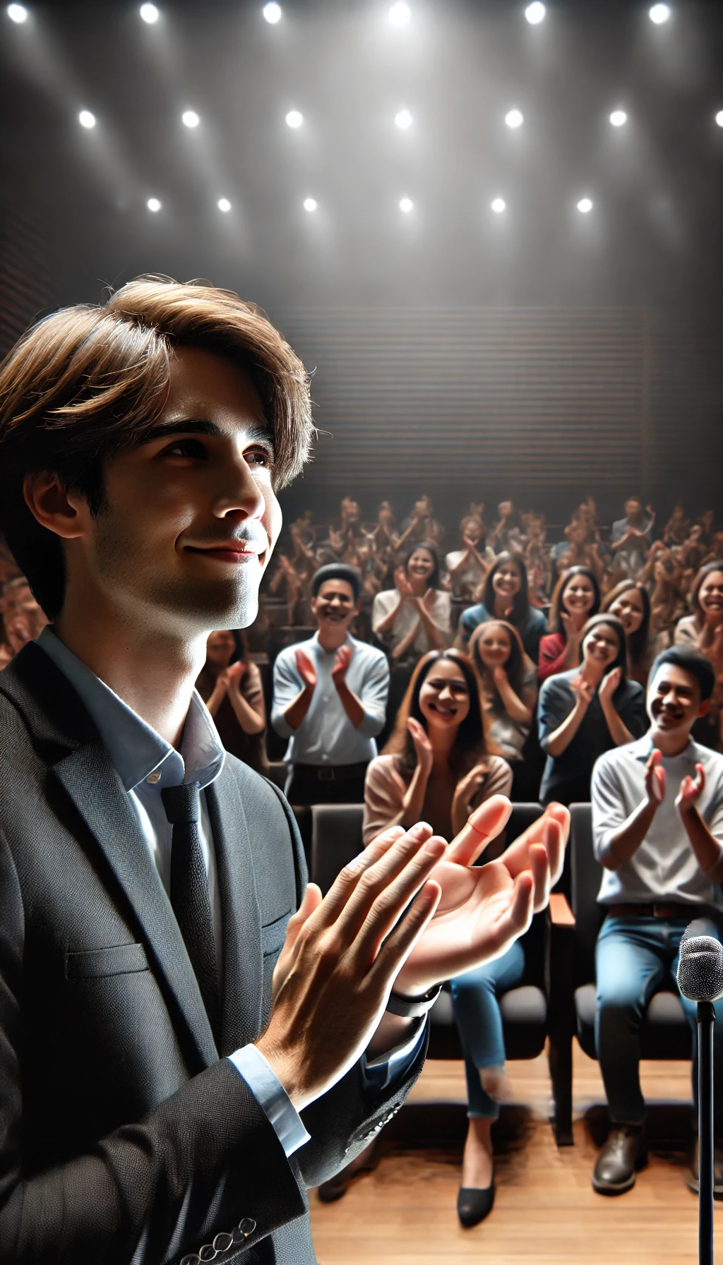 A speaker concluding their talk with a confident smile and a slight bow, while the audience applauds, highlighting a successful ending.