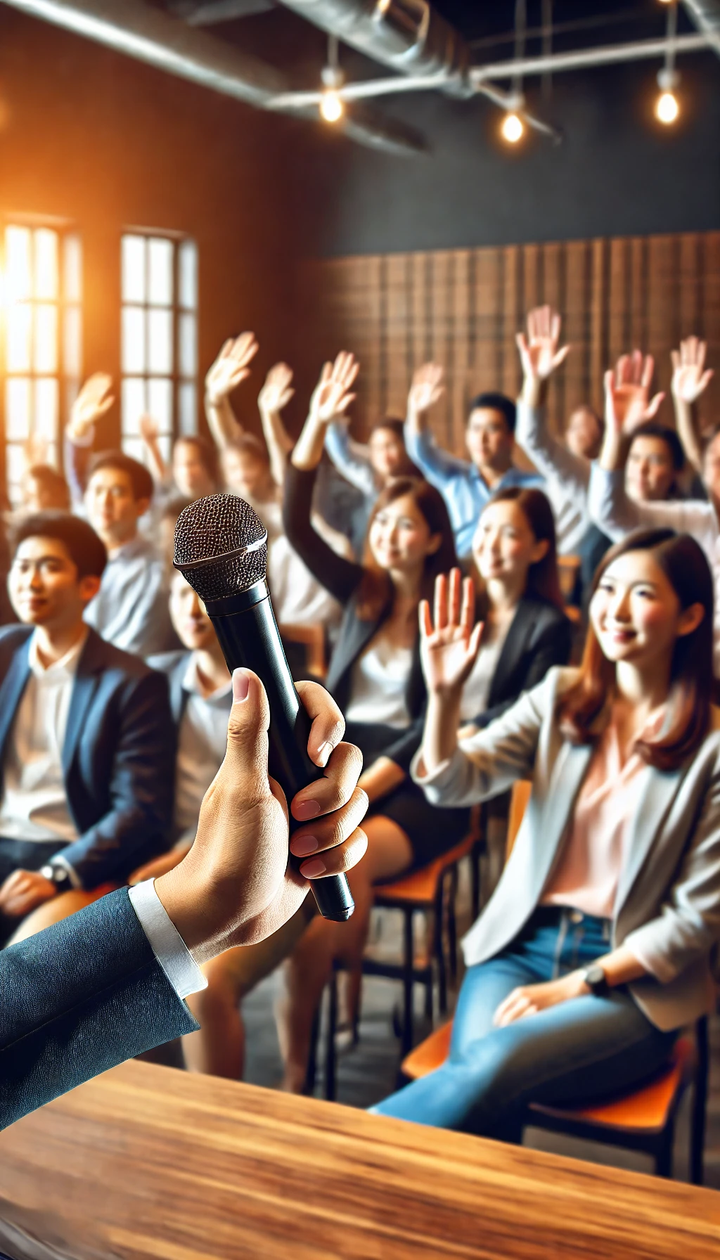 A speaker holding a microphone, asking a question to an engaged audience with hands raised, showing active participation.