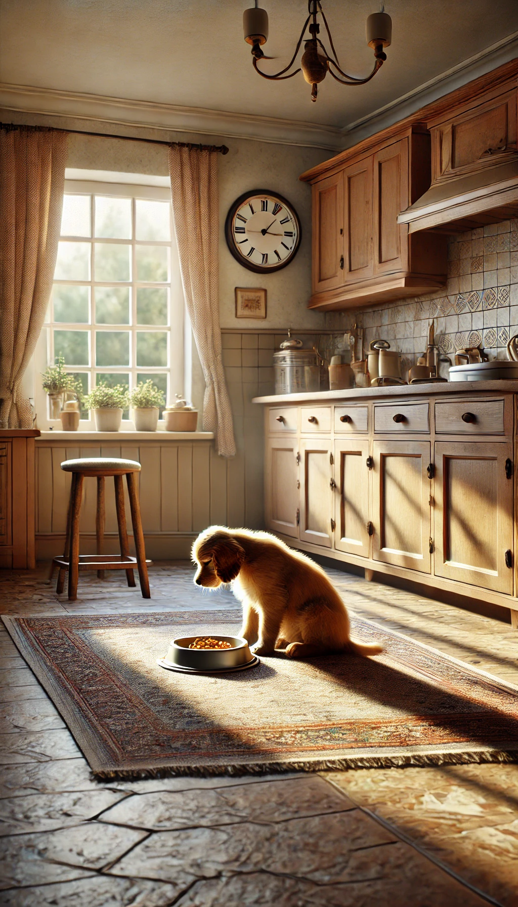 A puppy eating from a bowl in a cozy kitchen, with a clock on the wall subtly showing a routine feeding time.