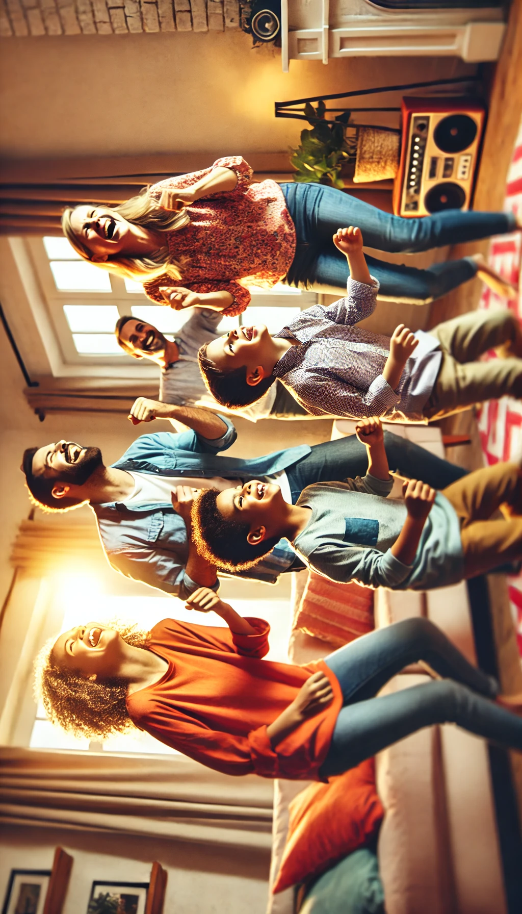 A family laughing and dancing in their living room, with music playing, capturing the joy and energy of a spontaneous dance party.