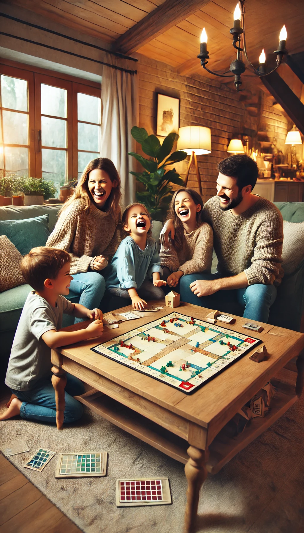 A family gathered around a living room coffee table, laughing and playing a board game, with warm lighting and a cozy atmosphere.