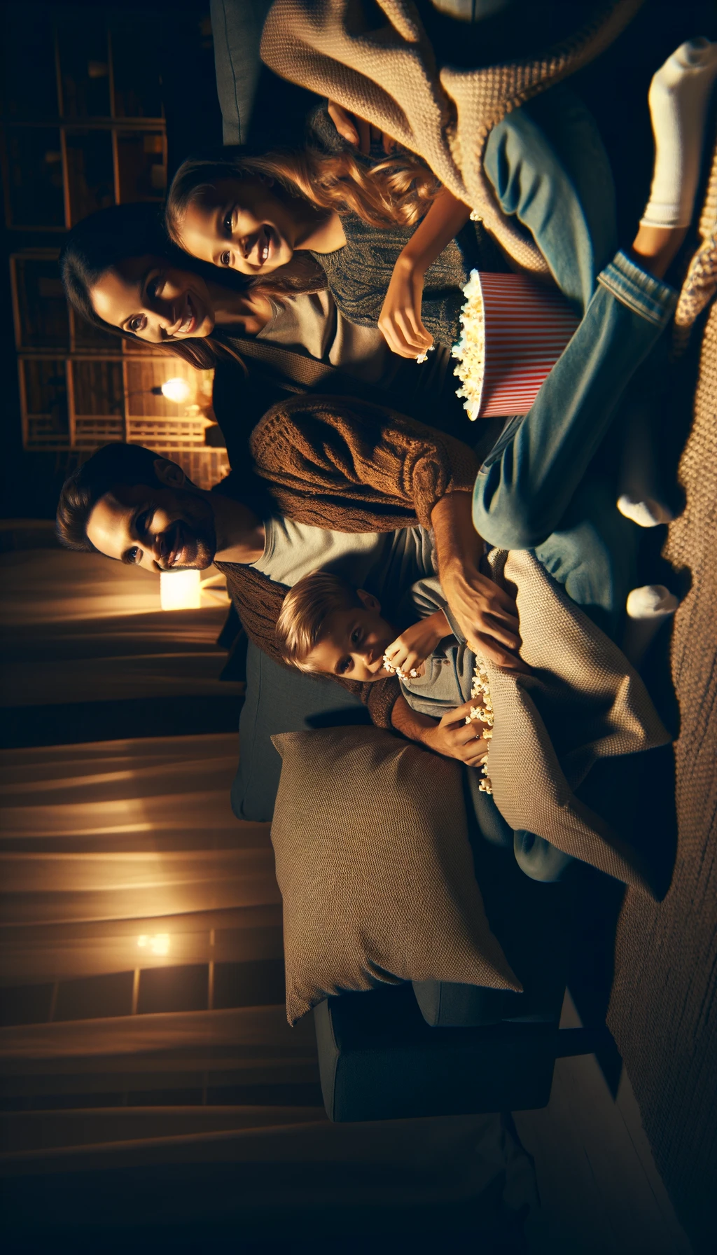 A family sitting on a couch with blankets and popcorn, watching a movie together in a dimly lit, cozy living room.