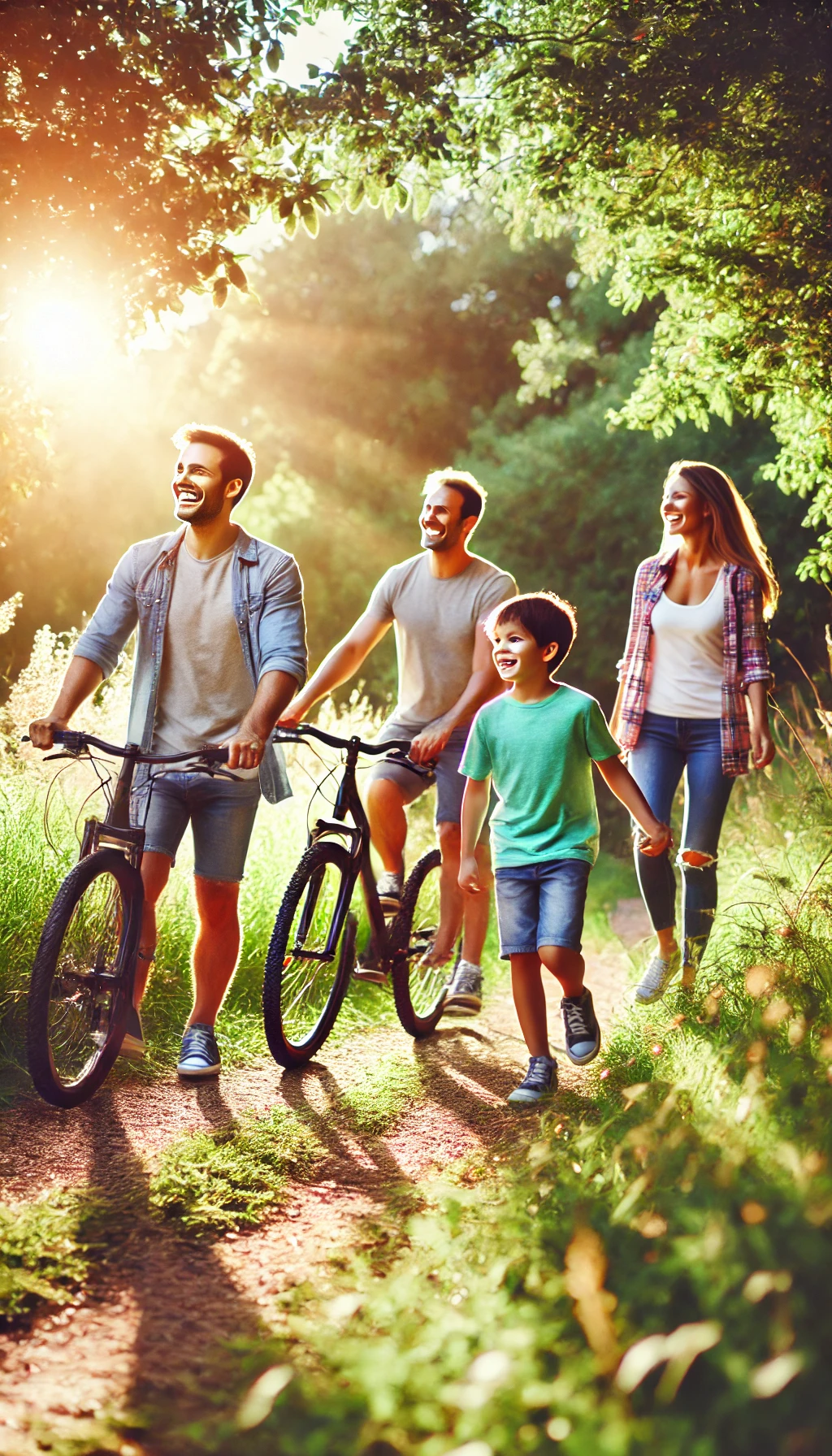 A family walking or biking on a scenic trail, with a mix of greenery and sunlight, showing the family enjoying an active outdoor experience.