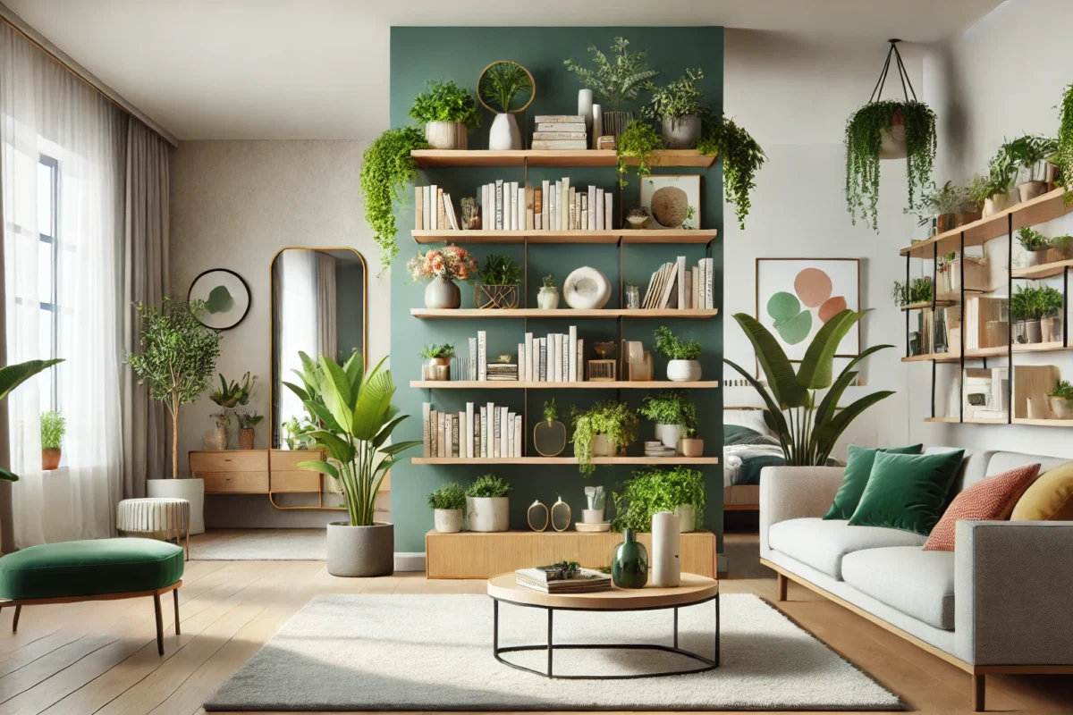 A beautifully styled living room with floating shelves displaying plants and books, a colorful accent wall, and a large mirror reflecting light, creating a bright, modern space.