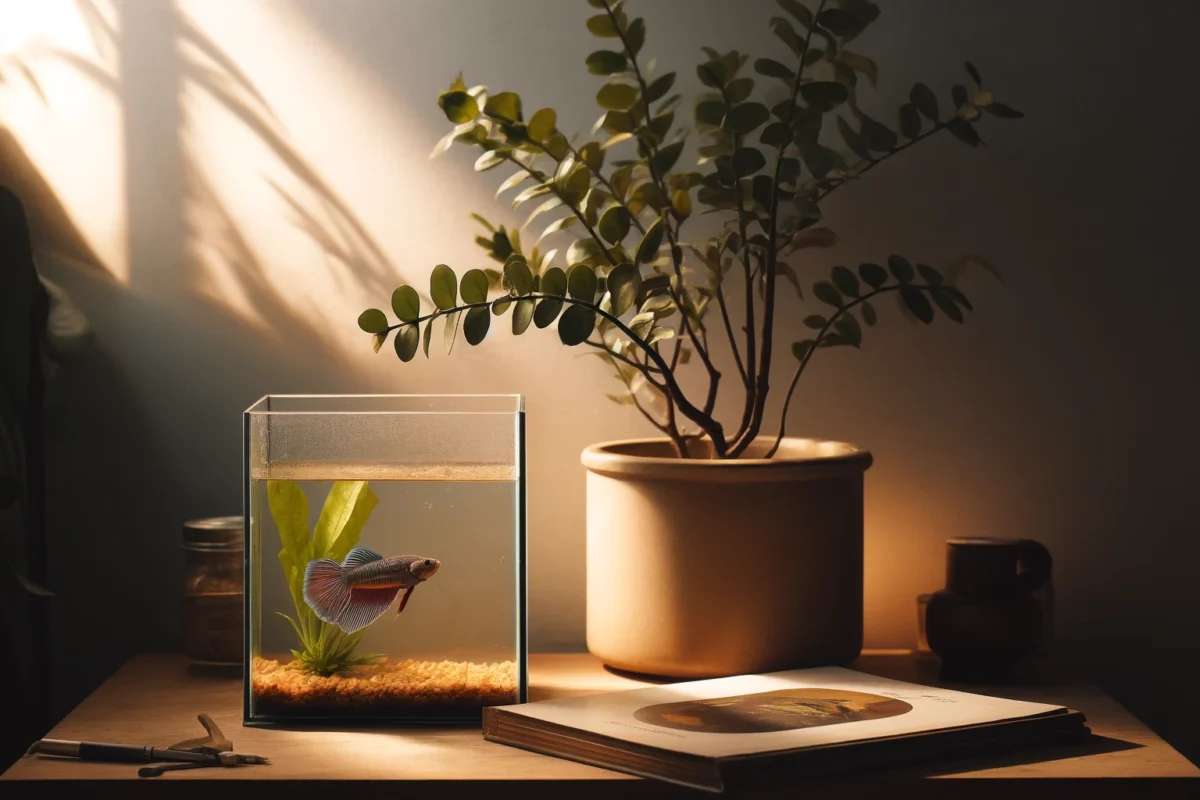 A cozy indoor scene featuring a small aquarium with a colorful Betta fish, a potted plant nearby, and a relaxed atmosphere, emphasizing simplicity and easy pet care