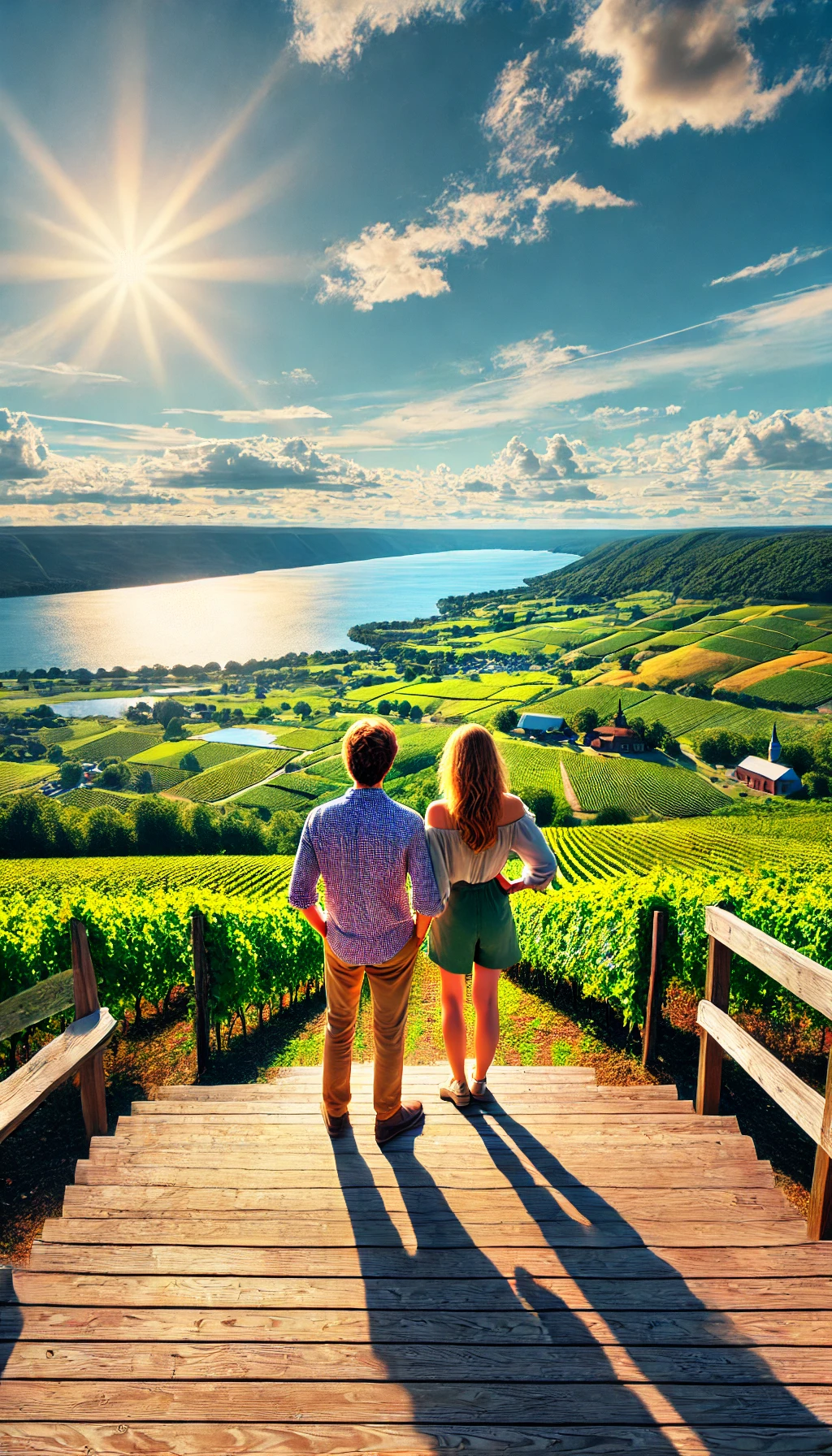 A couple standing at a scenic overlook in the Finger Lakes, with vineyards and lakes stretching out below under a bright, blue sky.