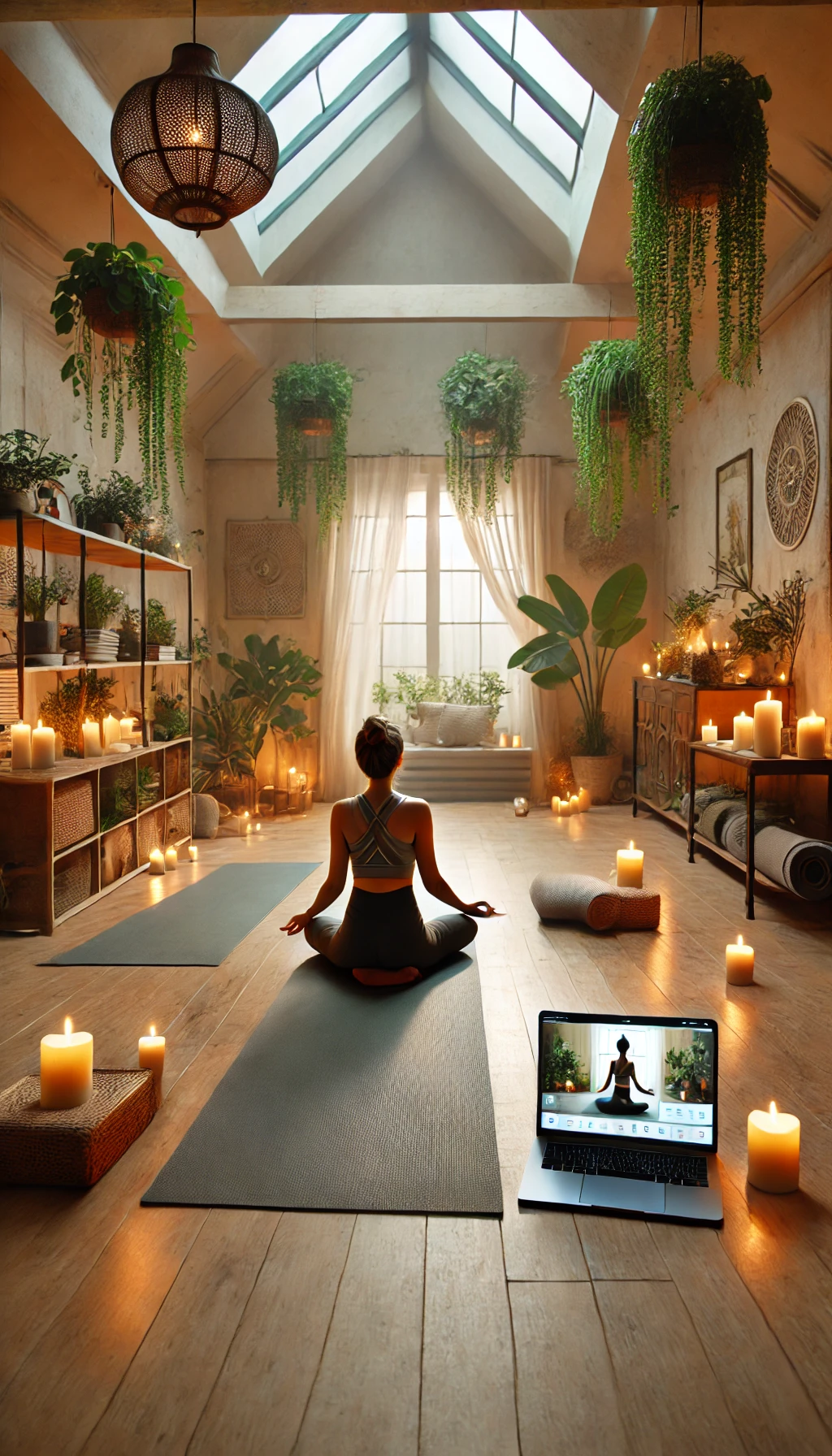 A yoga instructor conducting a virtual session in a calming studio setup, with mats, plants, and candles creating a peaceful ambiance.