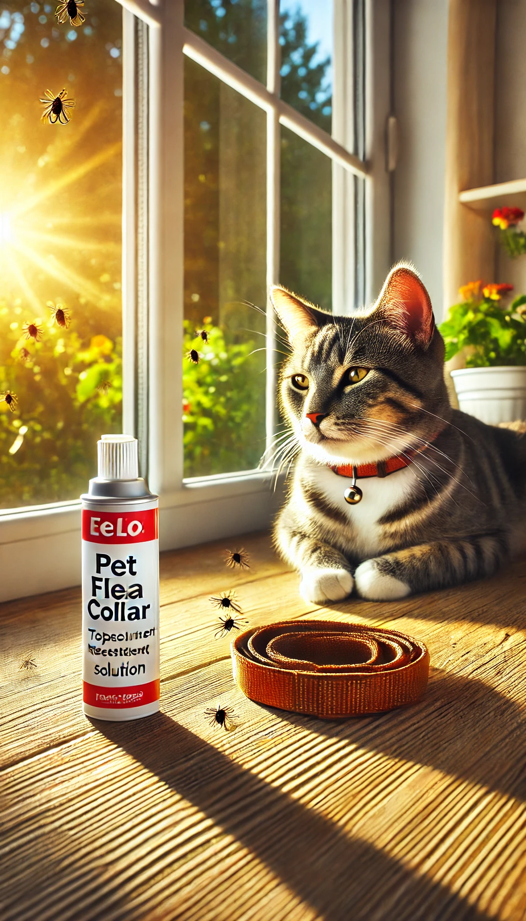 A close-up of a pet flea collar and a topical solution tube placed next to a content cat sitting on a sunny windowsill.