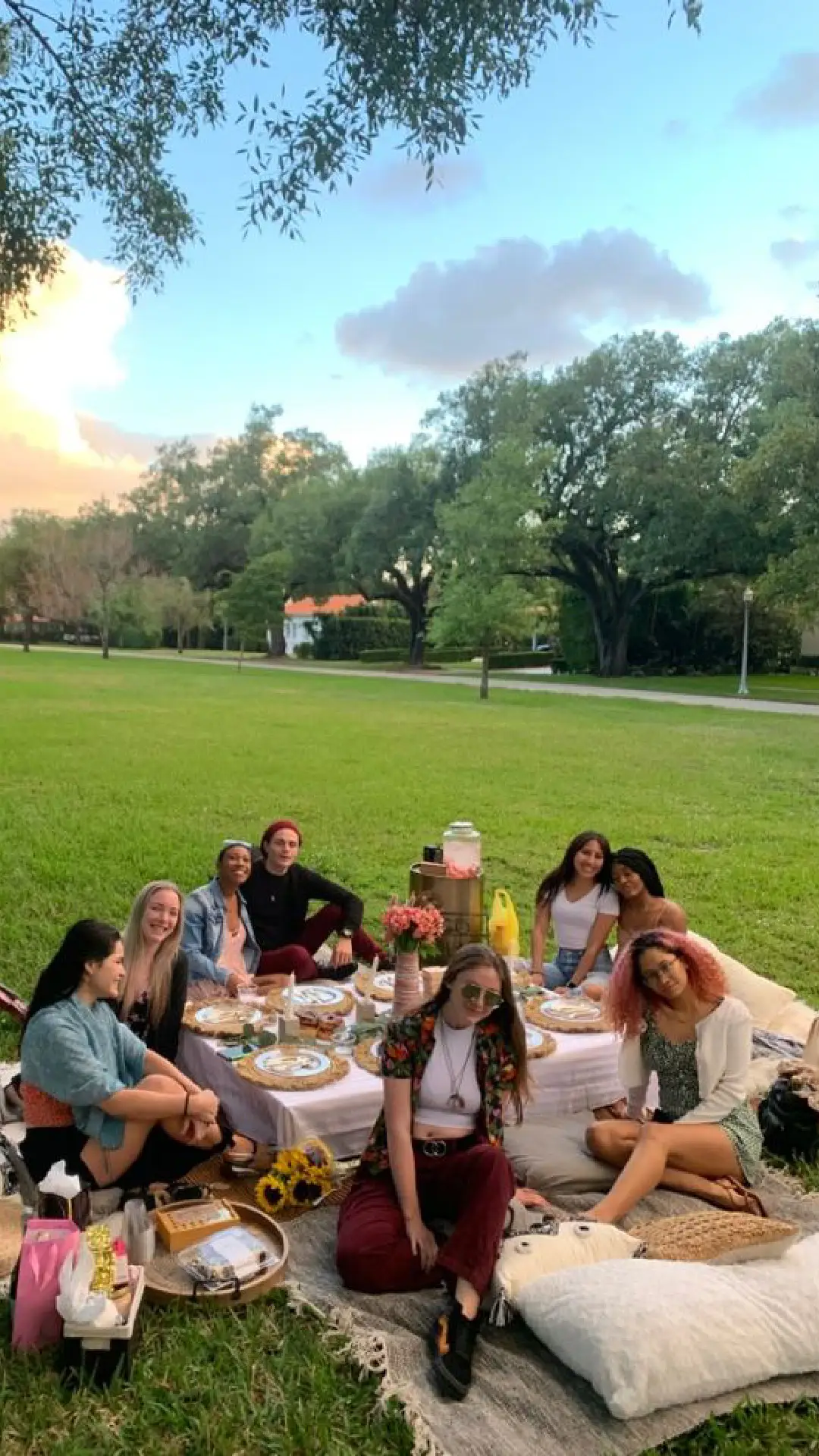 A family enjoying a picnic at a sunny park, laughing and playing games, with an inviting picnic spread laid out on a blanket.