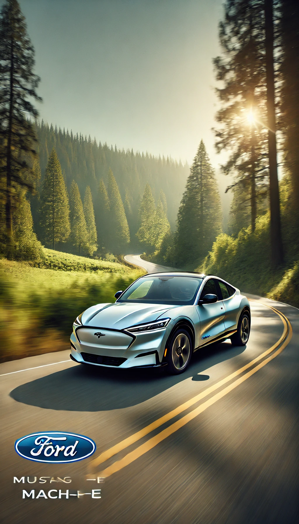 A Ford Mustang Mach-E cruising down a scenic road with trees in the background, showcasing its sporty and eco-friendly appeal.