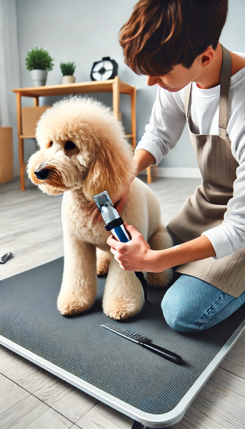 A person trimming a dog’s fur with grooming clippers in a well-lit, clean home setup, with the pet sitting calmly on a grooming mat.