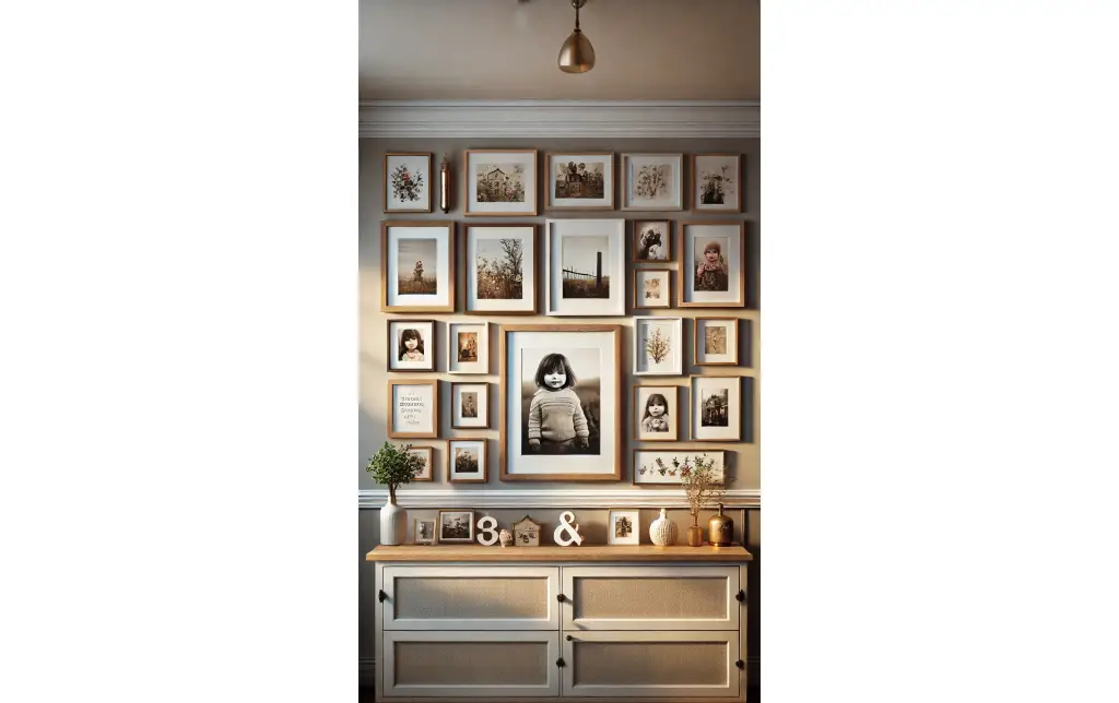 A gallery wall featuring a mix of family photos, art, and small souvenirs in various frame styles, creating a personalized and inviting atmosphere.