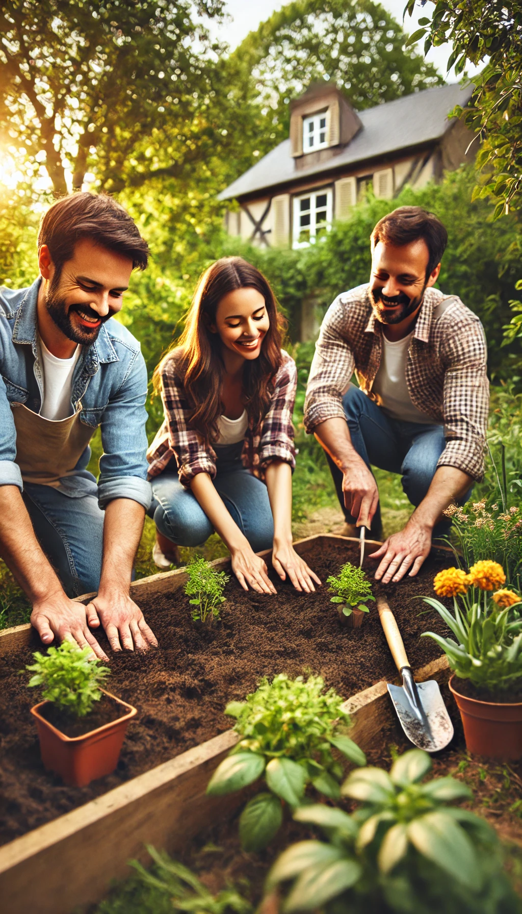 A family kneeling in a backyard garden, planting flowers or vegetables, with dirt on their hands and smiles on their faces, capturing the joy of working outdoors.