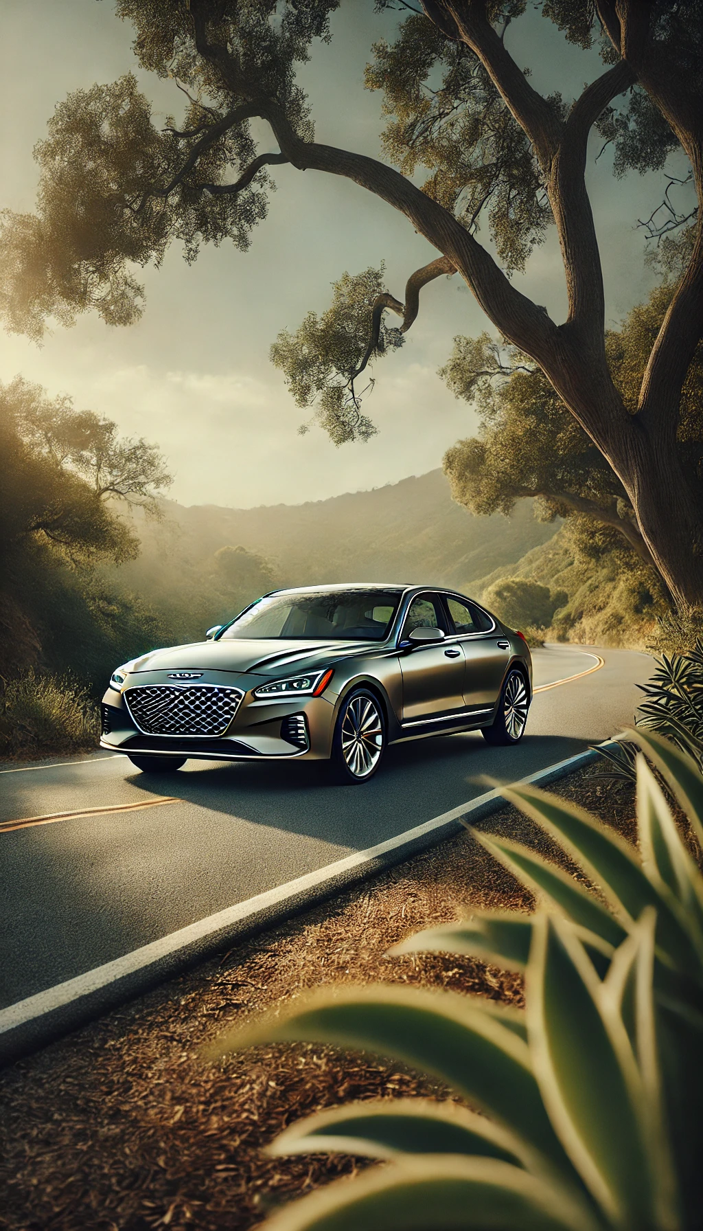 A Genesis G70 parked on a scenic road, surrounded by greenery, capturing its luxury feel and elegant design.