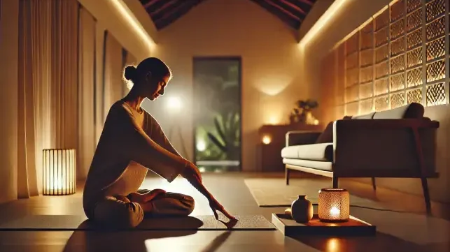 A person doing a gentle evening stretch or yoga on a mat in a softly lit room, looking calm and relaxed.