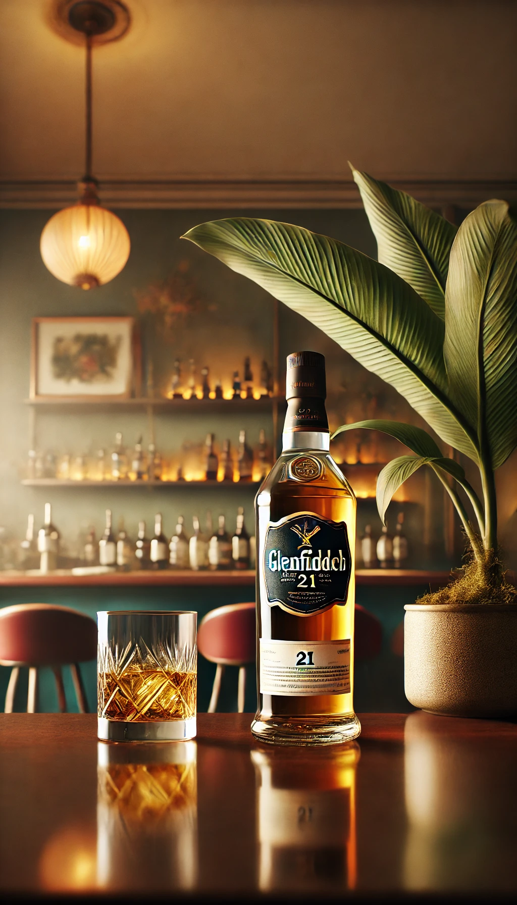 A bottle of Glenfiddich 21 beside a glass on an elegant bar, with hints of tropical decor (such as a banana leaf plant) in the background to evoke the Caribbean influence.