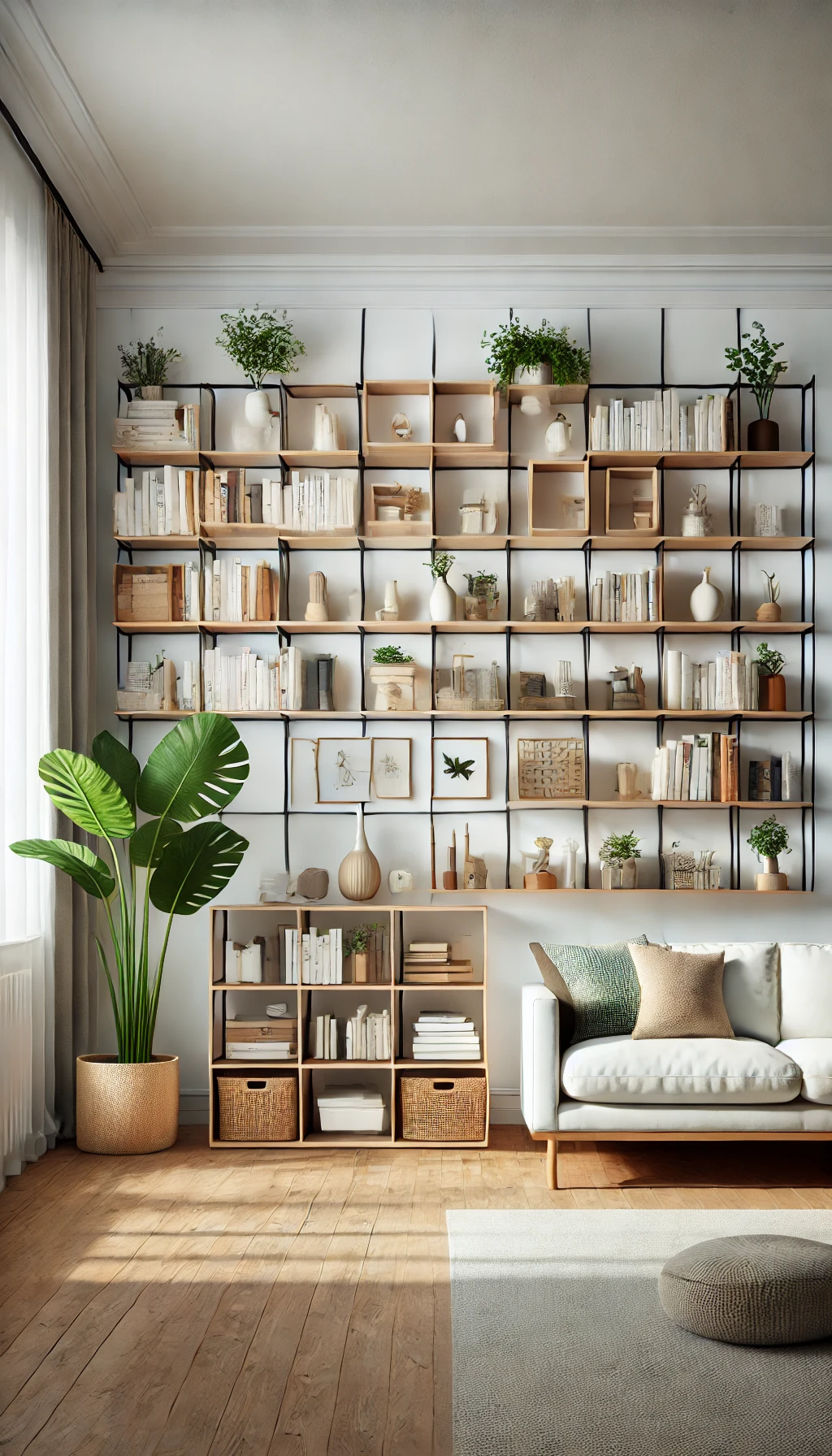 A living room with tall, wall-mounted shelves displaying books, plants, and decorative items. The space feels open and organized, with everything neatly arranged.