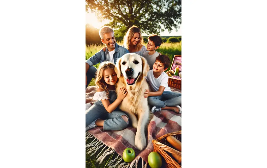 A Golden Retriever sitting with a family on a picnic blanket, looking happy and relaxed, with kids petting and hugging the dog.